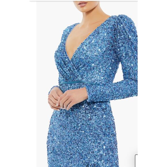Mac Duggal Puff Shoulder Long Sleeve Sequined Surplice Gown In French Blue Sz 6 - Picture 3 of 11